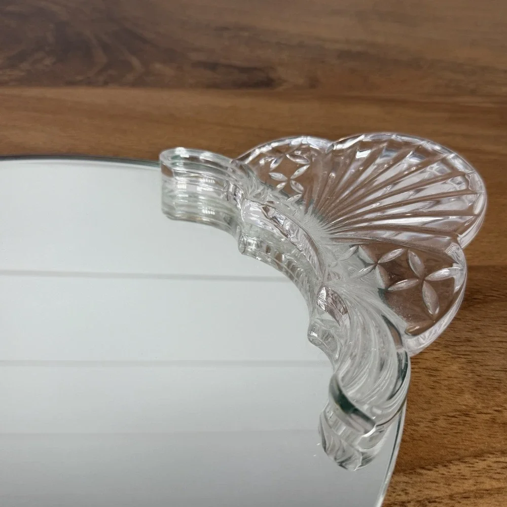 Hollywood Regency Style Oval Vanity Mirror Tray Engraved Lucite Handles